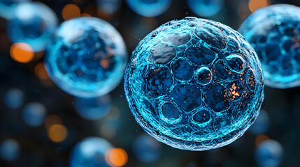 Poster - Microscopic Cell Structure Background: Glowing Blue Spheres and Network Connections