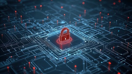 Poster - Futuristic digital depicting a complex maze like circuit grid system with a central glowing security lock representing the high tech