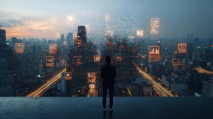 Poster - Futuristic high tech metropolis with soaring skyscrapers glowing illumination and busy traffic on the streets at night  Concept of a smart digital and innovative city of the future