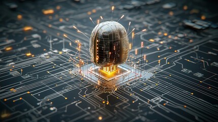 Poster - Futuristic transhumanist concept showcasing a glowing digital sphere on a complex high tech circuit board background symbolizing the convergence of technology and human enhancement