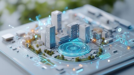 Poster - Futuristic high tech urban development concept showcasing a 3D holographic visualization of a smart data driven city with advanced digital infrastructure intelligent automation