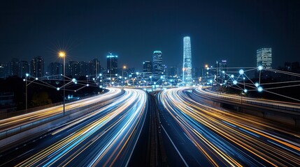 Poster - Futuristic cityscape of a hyper connected smart city at night with a dynamic skyline of sleek glass skyscrapers and blurred light trails from fast moving traffic representing the energy innovation