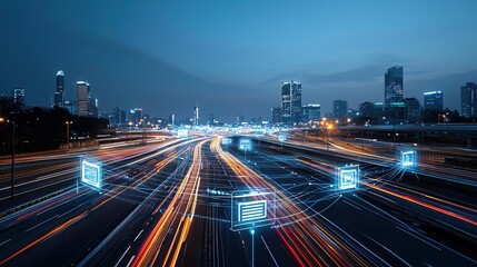 Poster - Hyper Connected Smart City Skyline Illuminating the Night with Futuristic Trails of Light   A modern urban landscape showcasing a technologically advanced metropolis with sleek skyscrapers