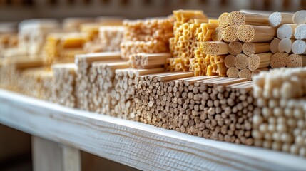 Poster - various types of wooden dowels and rods neatly arranged on a table in a workshop setting
