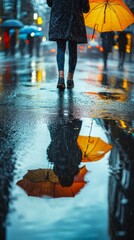 Aufkleber - Visitors wander through a bustling city drenched in rain, holding colorful umbrellas. Reflections shimmer on the wet ground, creating a magical ambiance as dusk settles in