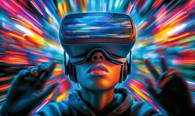 Wall Mural - a woman explores a vibrant virtual world with a vr headset, immersed in a colorful digital experienc