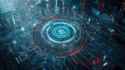 Poster - Hyper detailed digital security artwork featuring a futuristic cybersecurity interface with intelligence