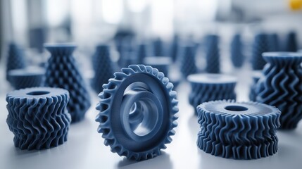 Poster - Various intricate blue mechanical components arranged artistically on a workbench in a workshop