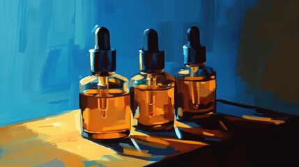 Poster - three amber glass dropper bottles on a wooden surface with dramatic lighting and shadows