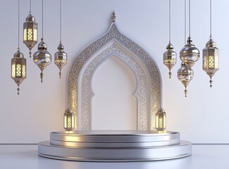 Poster - A radiant white background illuminating a simple silver podium surrounded by hanging lanterns and an Islamic arch, symbolizing the holy month of Ramadan Kareem with copy space for product display.