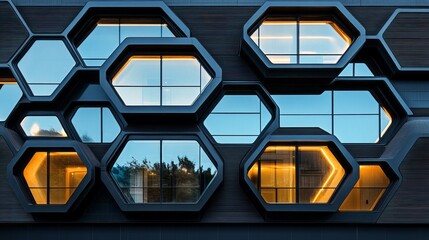 Poster - Unique hexagonal windows adorn a contemporary building, emitting warm glows as dusk settles. The blend of glass and geometric shapes creates an inviting urban aesthetic