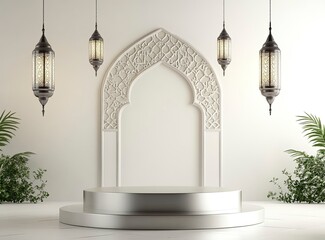 Poster - A radiant white background illuminating a simple silver podium surrounded by hanging lanterns and an Islamic arch, symbolizing the holy month of Ramadan Kareem with copy space for product display.