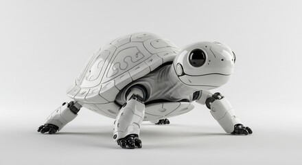 Cute robotic turtle slowly walks forward bright white studio lighting. AI Generated