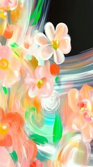 Poster - Vibrant floral abstract painting featuring swirling pink, orange, green brushstrokes emerging against dark background with dynamic movement