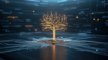 Poster - Illuminated Circuit Tree with Radiant Golden Glow   Futuristic Digital Art Visualization of a Technologically Advanced Glowing and Interconnected Landscape