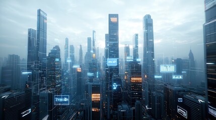 Poster - Glowing Futuristic Metropolis   Vibrant Illuminated City Skyline at Night with Towering Skyscrapers Neon Lights and a Technologically Advanced Urban Landscape