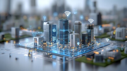 Poster - innovative 3d rendered urban landscape showcasing a futuristic smart city design with skyscrapers wi