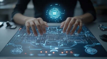 Poster - Intense cyber world scene depicting a hacker s hands swiftly navigating a futuristic digital interface surrounded by a complex network of data algorithms and intelligence