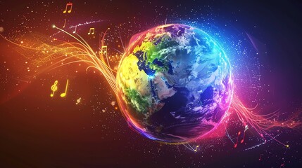 Poster - A vibrant, colorful globe surrounded by glowing musical notes, lines, and sparks.