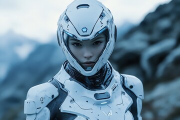 Poster - Futuristic humanoid robot in an outdoor setting showcasing advanced technology and intricate design