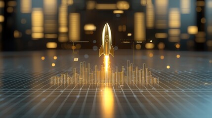 Poster - Futuristic and dynamic visual representation of business success innovation and growth symbolized by a powerful rocket launch against a backdrop of a dazzling city skyline at night