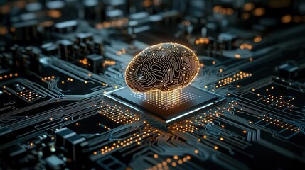 Poster - Futuristic learning and intelligence driven technology concept with glowing metallic circuit board against a dark high tech background  Digital electronic and engineering technology design