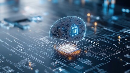 Poster - Futuristic visualization of learning and deep intelligence fusion concept  Digital brain model surrounded by electronic circuits microchips