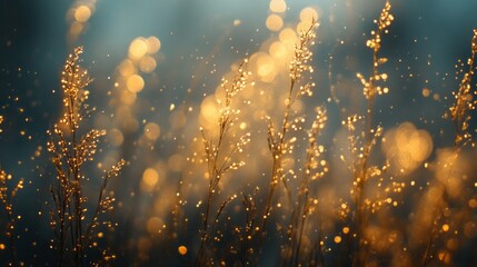 Aufkleber - Sunset light filters through wispy grass, illuminating droplets of dew that twinkle like tiny stars. This magical moment captures nature's beauty in soft focus