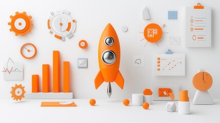 Poster - Minimal and professional startup concept layout with 3D rocket icon data analytics graphs and various business planning and strategy elements arranged in a flatlay design