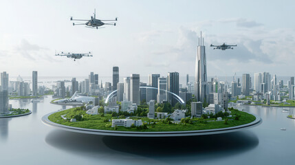 Poster - visionary futuristic cityscape with floating island metropolis towering skyscrapers and aerial drone