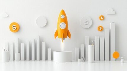 Poster - Minimalist 3D Business Growth Visualization with Rocket Launch Symbolizing Startup Success and Expansion  Abstract Data Analysis Diagram Chart Representing Finance Investment