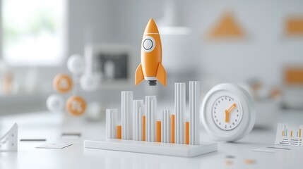 Poster - minimalist 3d business growth visualization with rocket launch infographic digital render of a futur