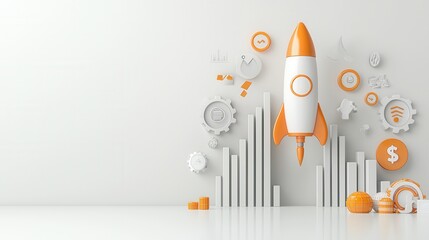 Poster - minimalist 3d business growth visualization with rocket launch infographic conceptual image showing 