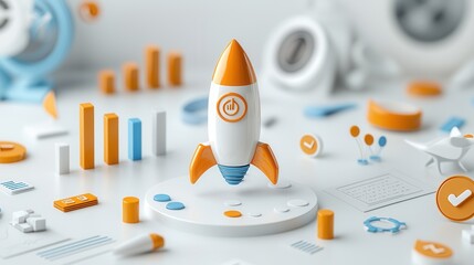 Poster - Minimalist 3D Business Growth Visualization with a Rocket Launch Symbolizing Startup Success Leadership and Innovation in Finance and Technology