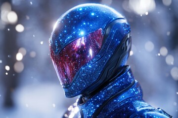 Poster - Futuristic helmeted figure with sparkling design in a snowy landscape during twilight