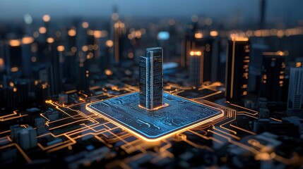Poster - Minimalist yet futuristic cityscape at night showcasing illuminated architectural structures digital infrastructure and a connected urban landscape of the future  The image depicts a modern