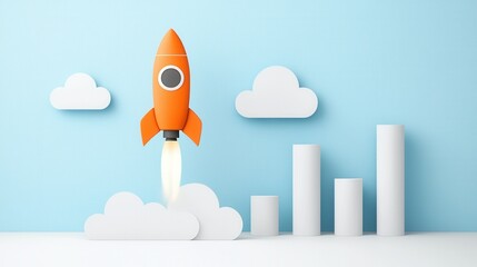 Poster - Minimalistic and modern startup concept featuring a rocket launch symbolizing business growth success and innovation