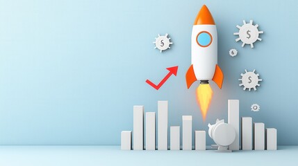Poster - Minimalistic 3D rendering of a startup and business growth concept featuring a rocket shaped graph chart symbolizing progress innovation and future success  The design showcases a clean flat
