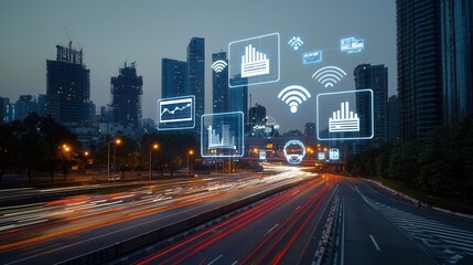 Poster - Futuristic illuminated cityscape with high speed digital connectivity and smart infrastructure in a modern dynamic urban environment  The image showcases the of technology data
