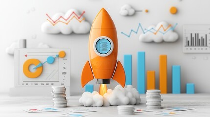 Poster - Startup Success Concept Featuring Glossy Orange Rocket Soaring Amidst Detailed Business Data Visualizations and Charts Symbolizing Growth Innovation and