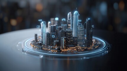 Poster - Futuristic monochromatic cityscape featuring an illuminated 3D digital model of a modernistic urban landscape with sleek skyscrapers towers and other architectural elements