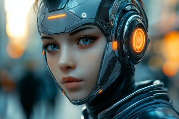 Poster - Futuristic robotic figure with glowing features explores a bustling city street at twilight