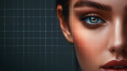 Poster - Woman's face is shown with a grid pattern behind her. The woman has brown hair and blue eyes