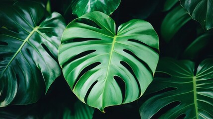Poster - Lush monstera leaves overlap, displaying their intricate patterns and deep green hues. This tropical sanctuary thrives under dappled sunlight, inviting serenity and vitality
