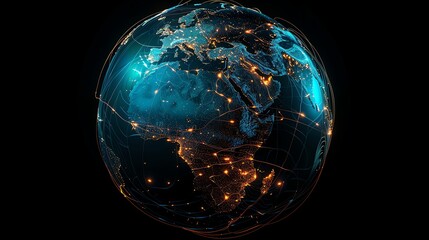 Poster - A glowing digital globe with a network of lines and dots.