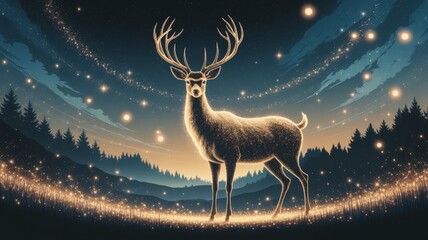 Poster - Golden deer silhouette, made of shimmering gold particles
