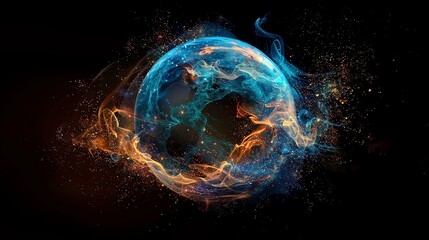 Poster - A glowing blue and orange sphere with a network of lines and dots, surrounded by a black background.