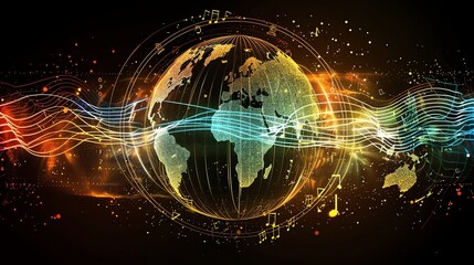 Poster - A glowing digital globe with a network of lines and dots.