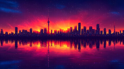 Wall Mural - Vibrant City Skyline at Sunset with Water Reflection