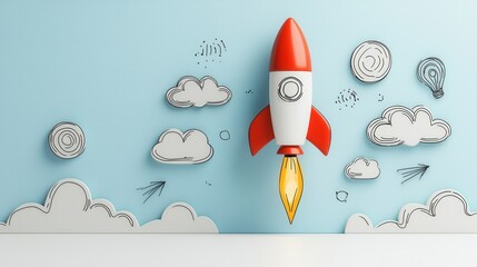 Poster - Playful Yet Professional Rocket Launch Depicting Economic Growth Innovation and Entrepreneurial Success  Dynamic 3D Digital Graphic Design Showcasing Momentum for the Future